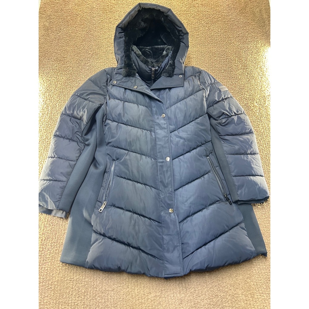 Andrew Marc Navy Blue Puffer Coat Faux Fur Hood Quilted Parka Jacket Womens XL